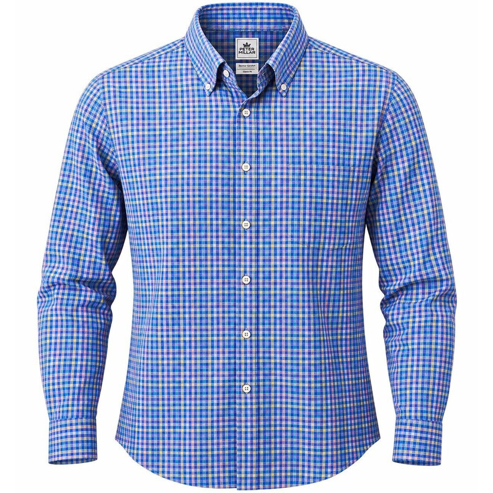 Peter Millar Blue Multicolor Plaid Button-Down Cotton Easy Care Shirt L 32/33